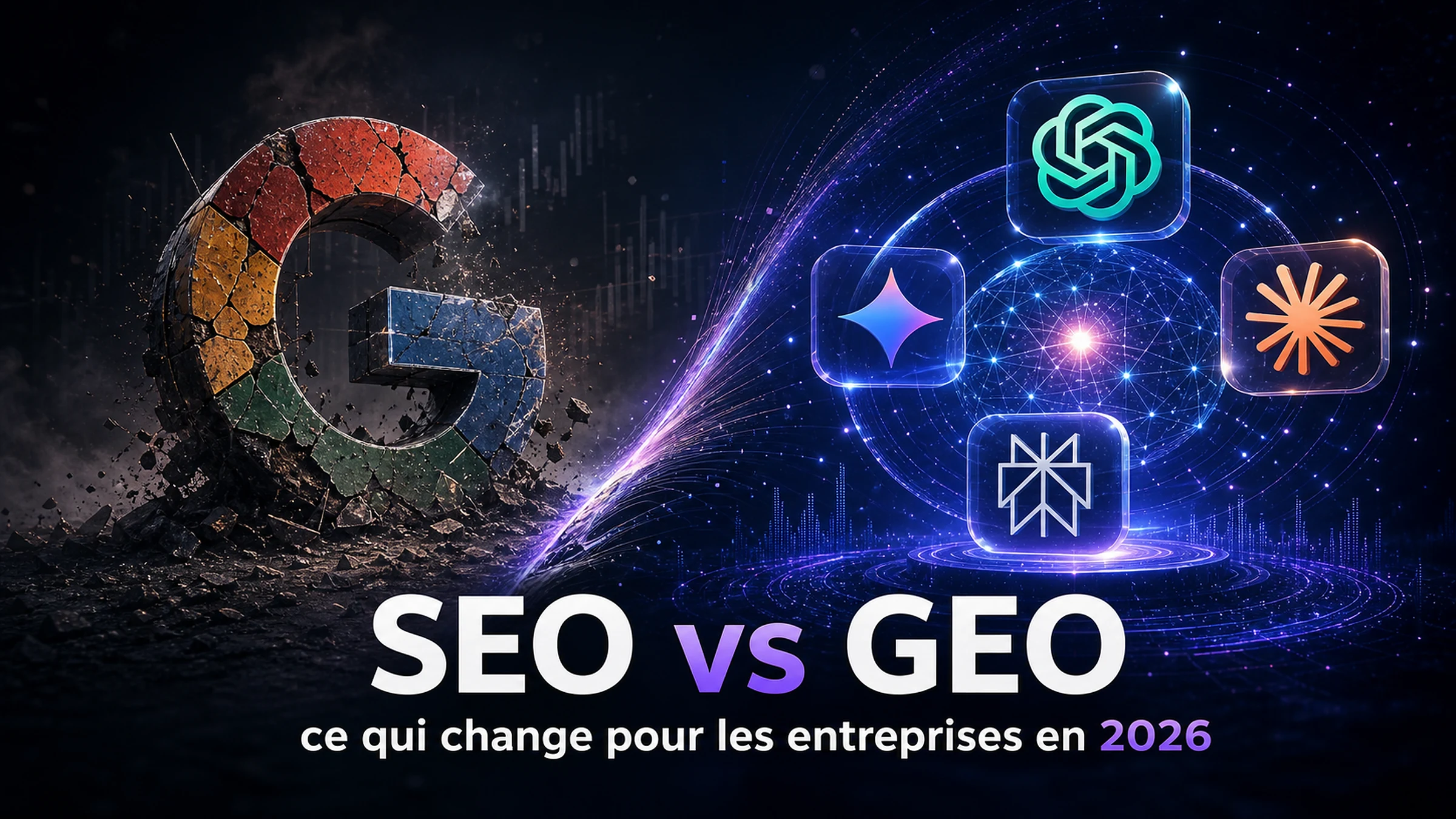 Illustration SEO vs GEO en 2026 avec Google face à ChatGPT, Gemini, Claude et Perplexity
