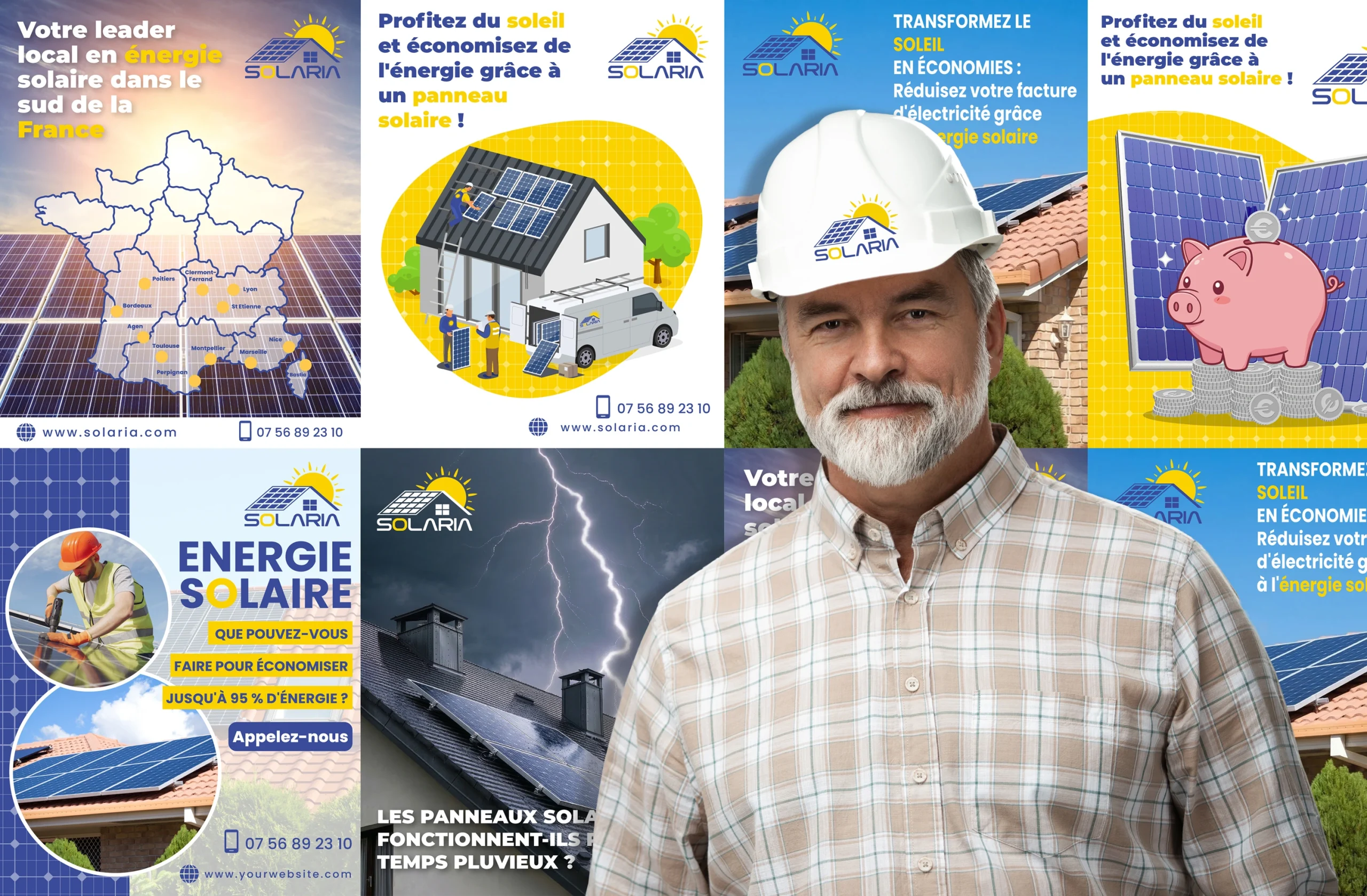 Identité visuelle et kit réseaux sociaux de Solaria, projet fictif dans l’énergie solaire