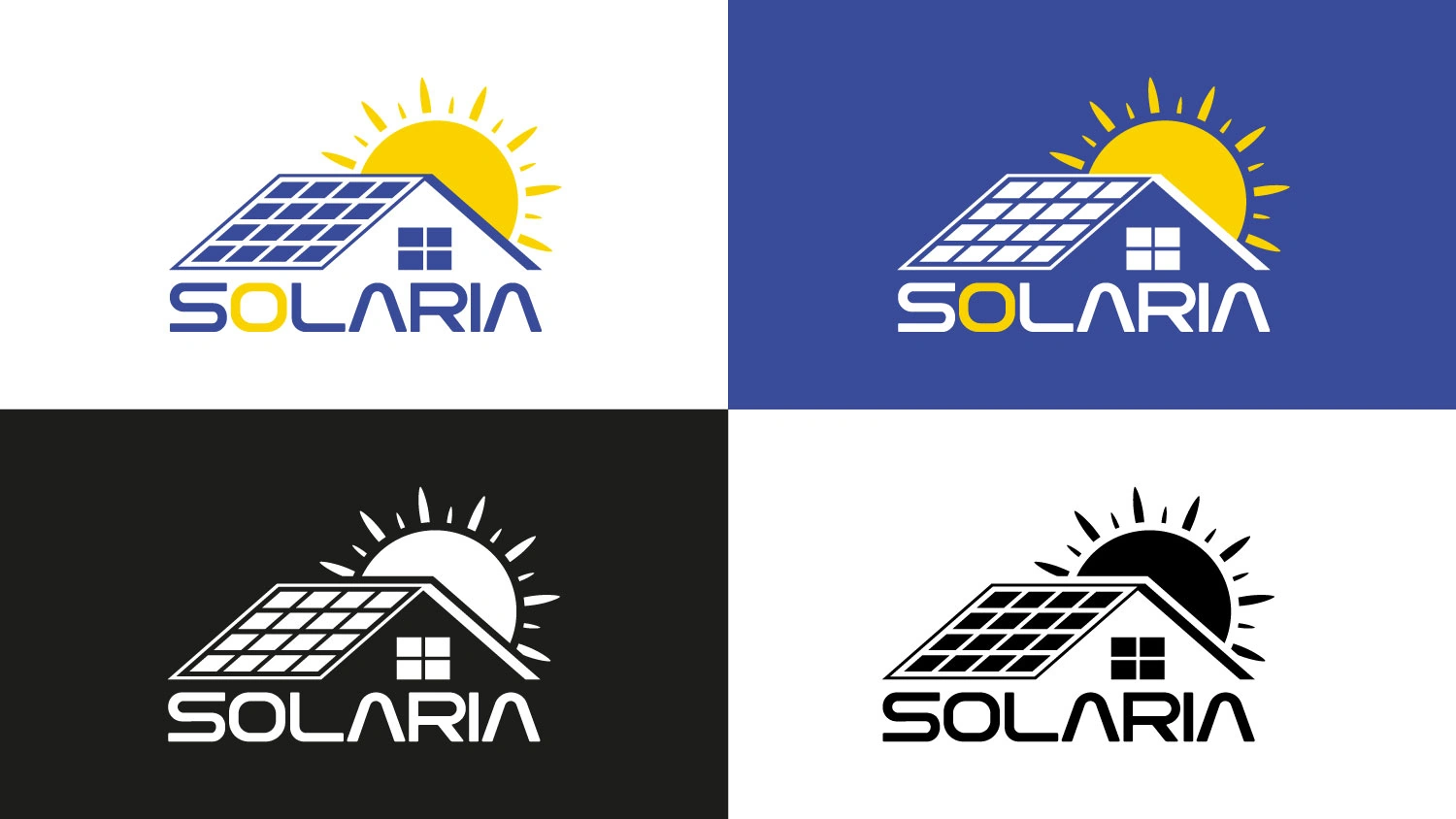 Déclinaisons du logo Solaria sur fonds clair, bleu et noir