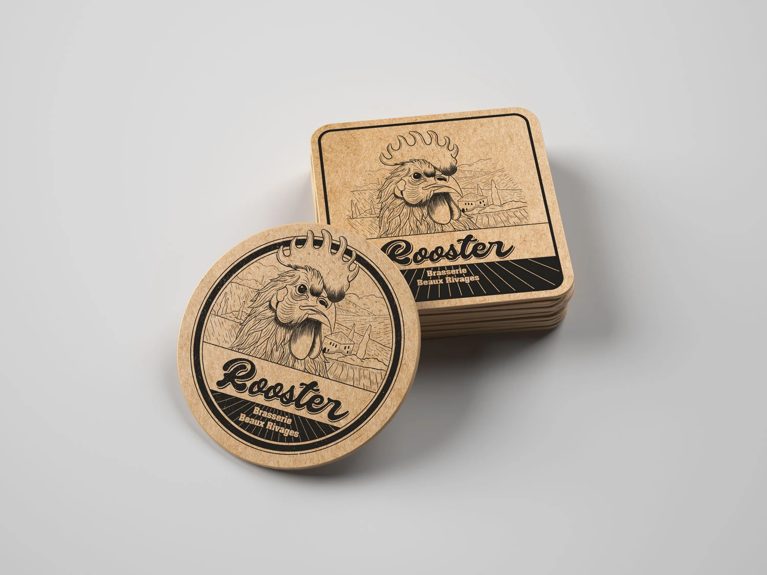 Sous-bocks carrés et ronds en liège gravés du logo Rooster
