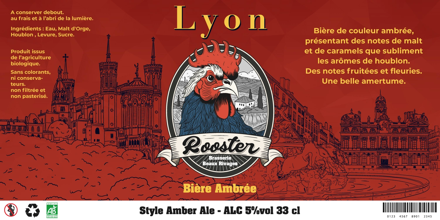 Étiquette rouge de la bière Rooster Lyon
