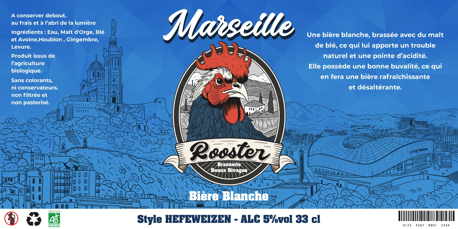 Étiquette bleue de la bière Rooster Marseille