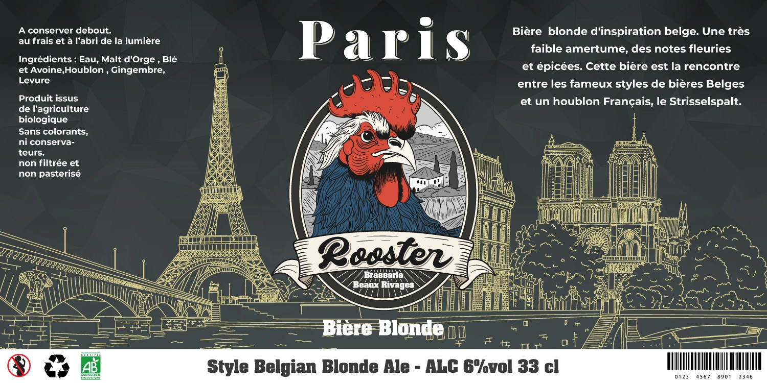 Étiquette anthracite de la bière Rooster Paris