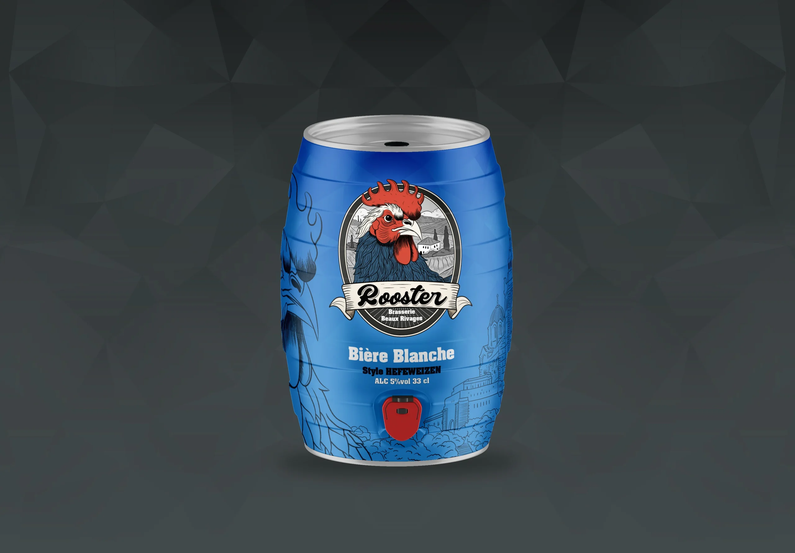 fût de bière Rooster avec étiquette bleue Marseille