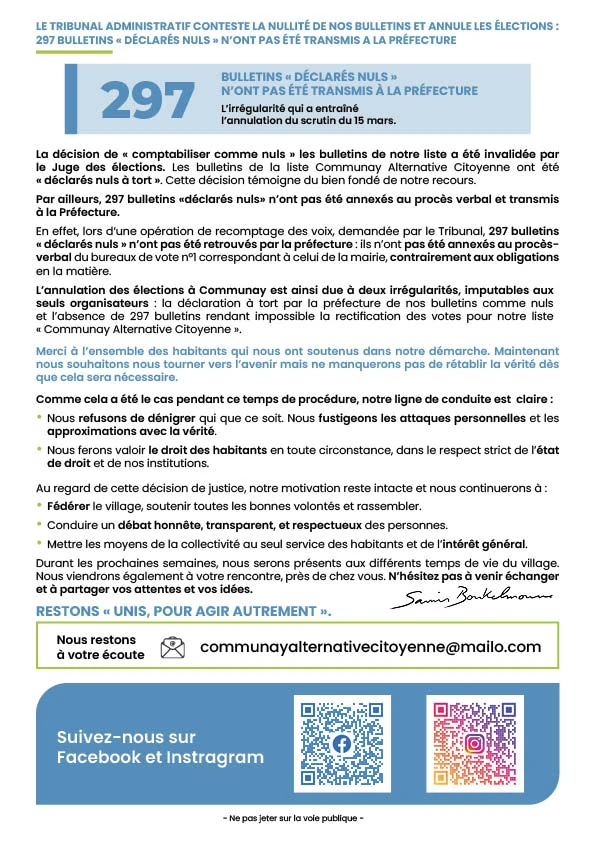 Verso du tracts aux habitants suite au recours de la liste