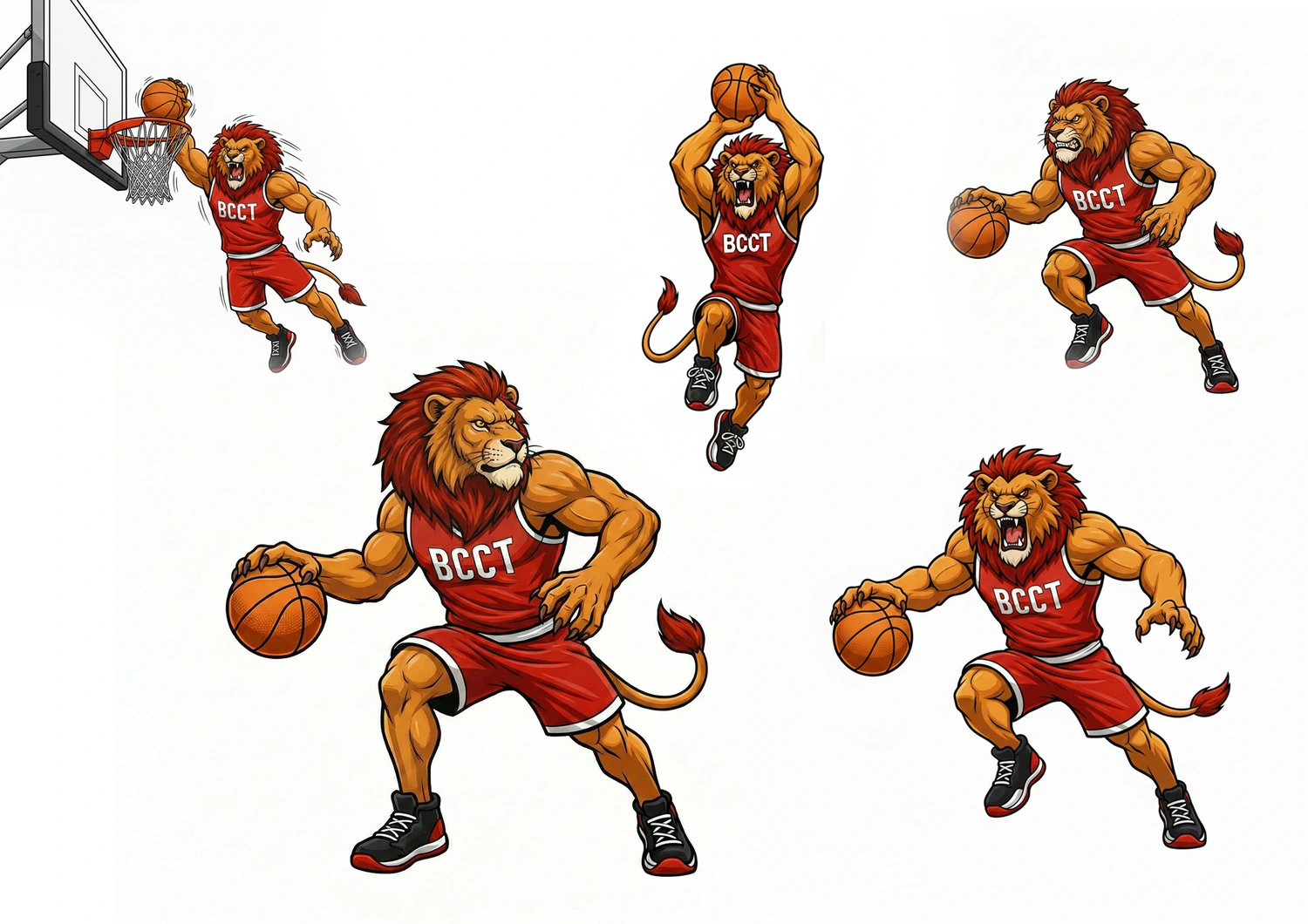 Mascotte lion du BCCT déclinée en cinq poses de basketteur