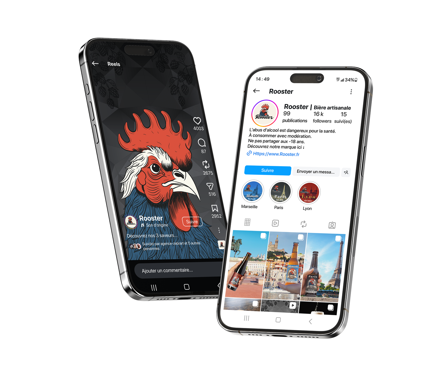 Publications Instagram du projet fictif Rooster affichées sur deux smartphones